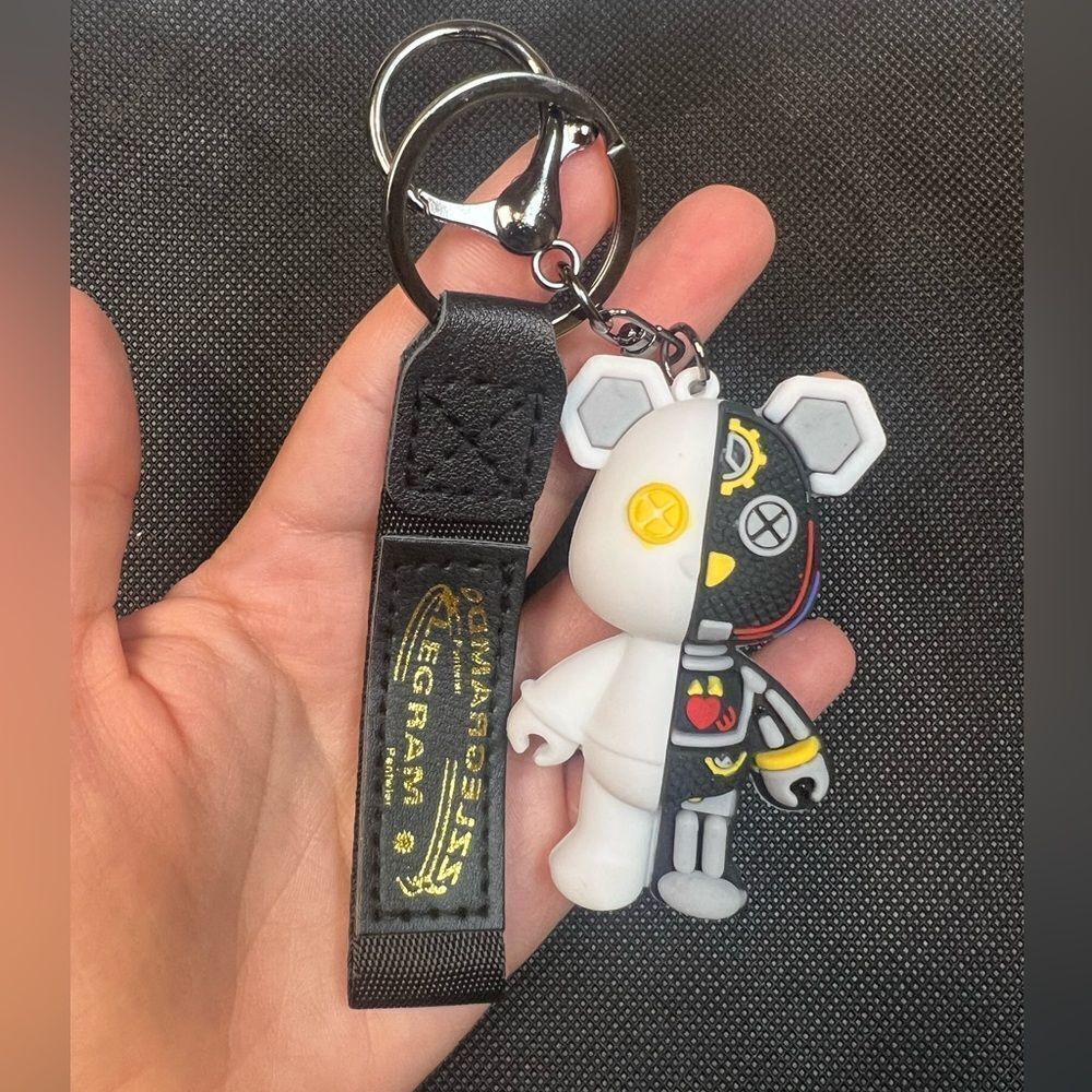 Black & White Cyberpunk Bear Keychain with Strap - Picture 3 of 4